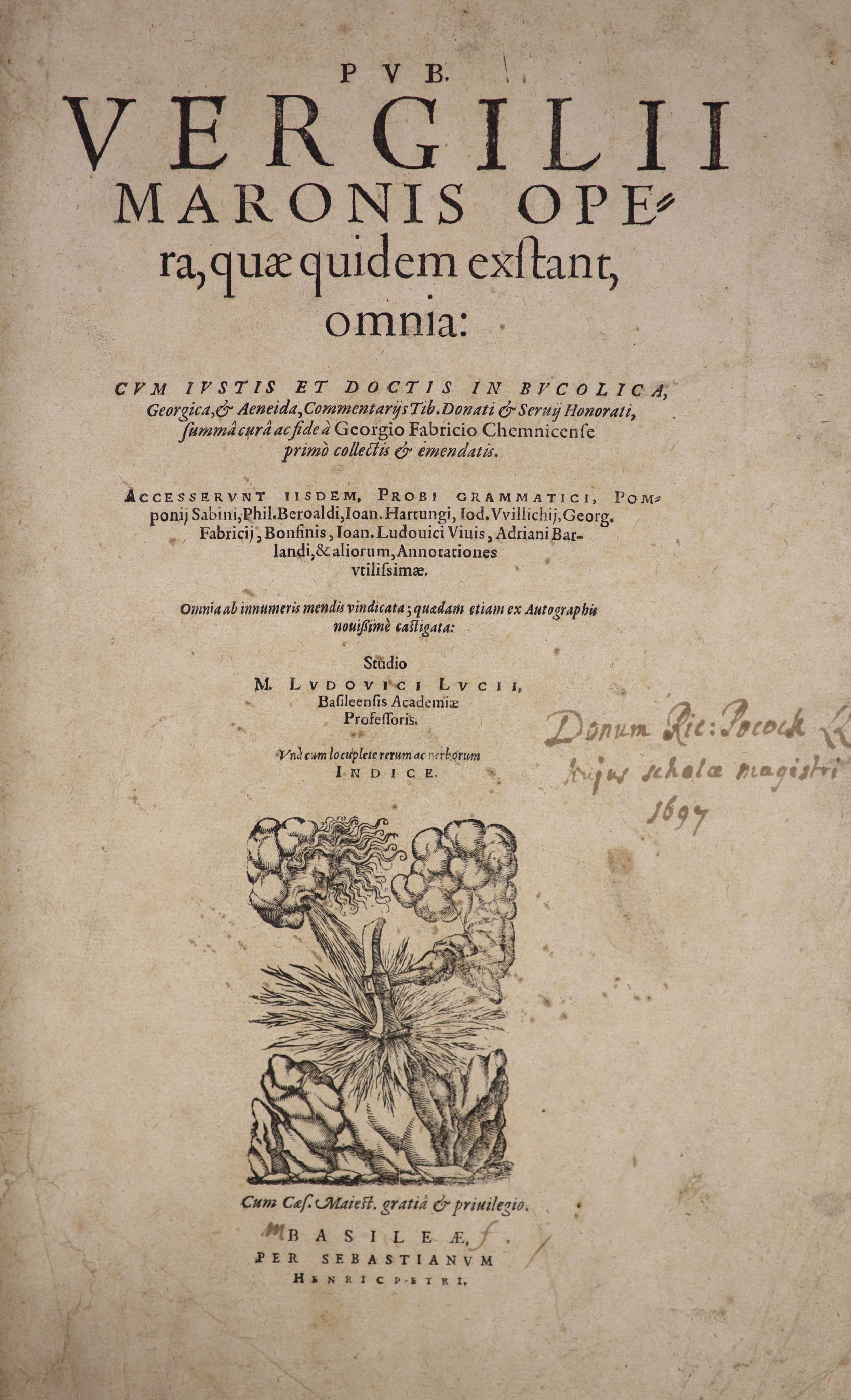 Virgil - Pub. Vergilii Maronis Opera, quae quidem exstant omnia..... studio M. Ludovici Lucii ..... engraved title device, newly rebound half morocco and marbled boards, gilt lettered and panelled spine, roy. 4to. Basle: